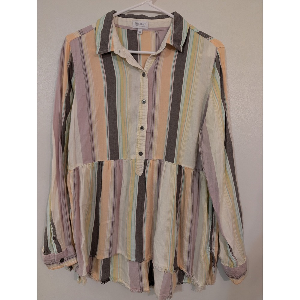 True Craft Womens Striped Long Sleeve Button Front Babydoll Tunic Top Large